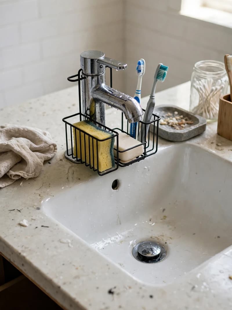 A slim organizer straddling a bathroom faucet holding a sponge, soap and toothbrushes