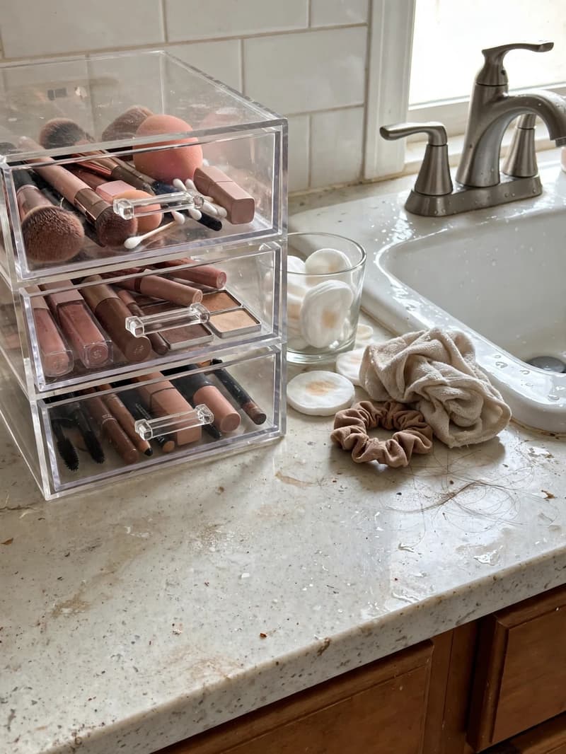 Clear acrylic mini drawers filled with makeup on a bathroom counter