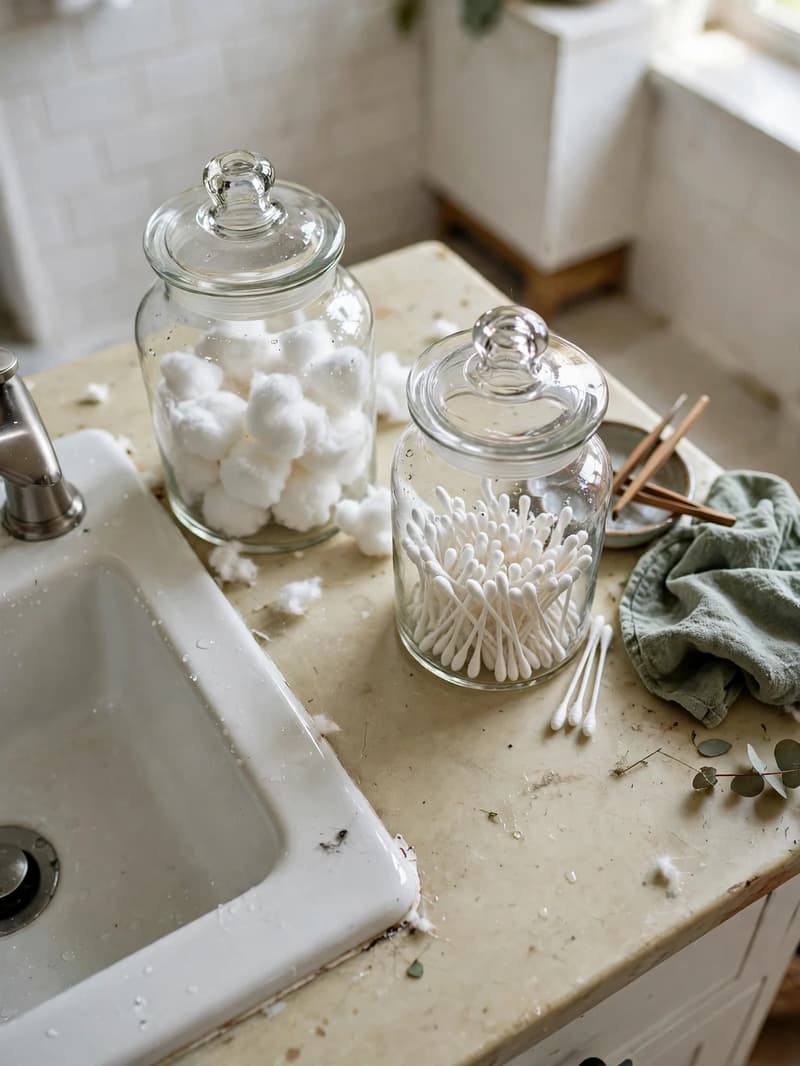 Glass apothecary jars filled with cotton balls and cotton swabs on a bathroom counter