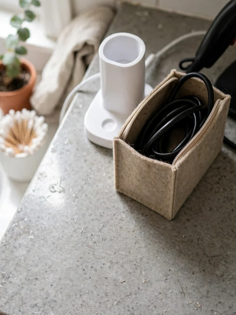 A bathroom counter corner with a cord organizer box and a hair dryer cord tucked neatly away