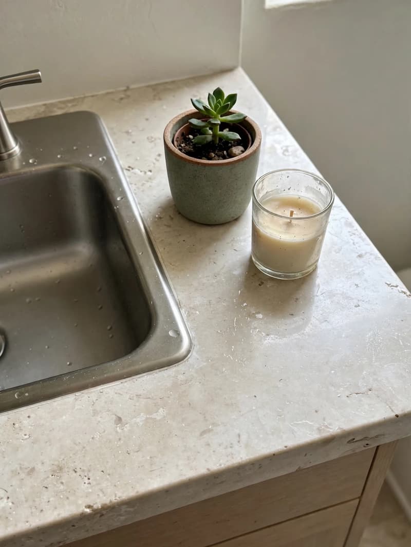 A small potted plant and a candle on an otherwise clear bathroom counter