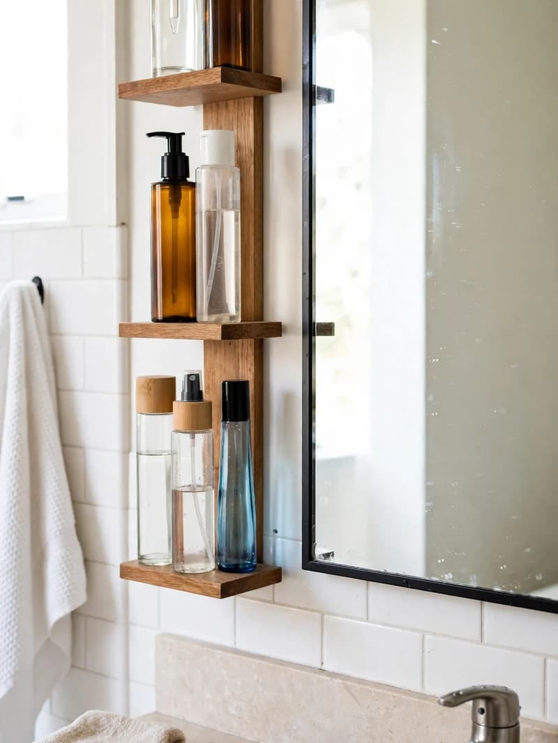Narrow floating shelves beside a bathroom mirror holding tall bottles