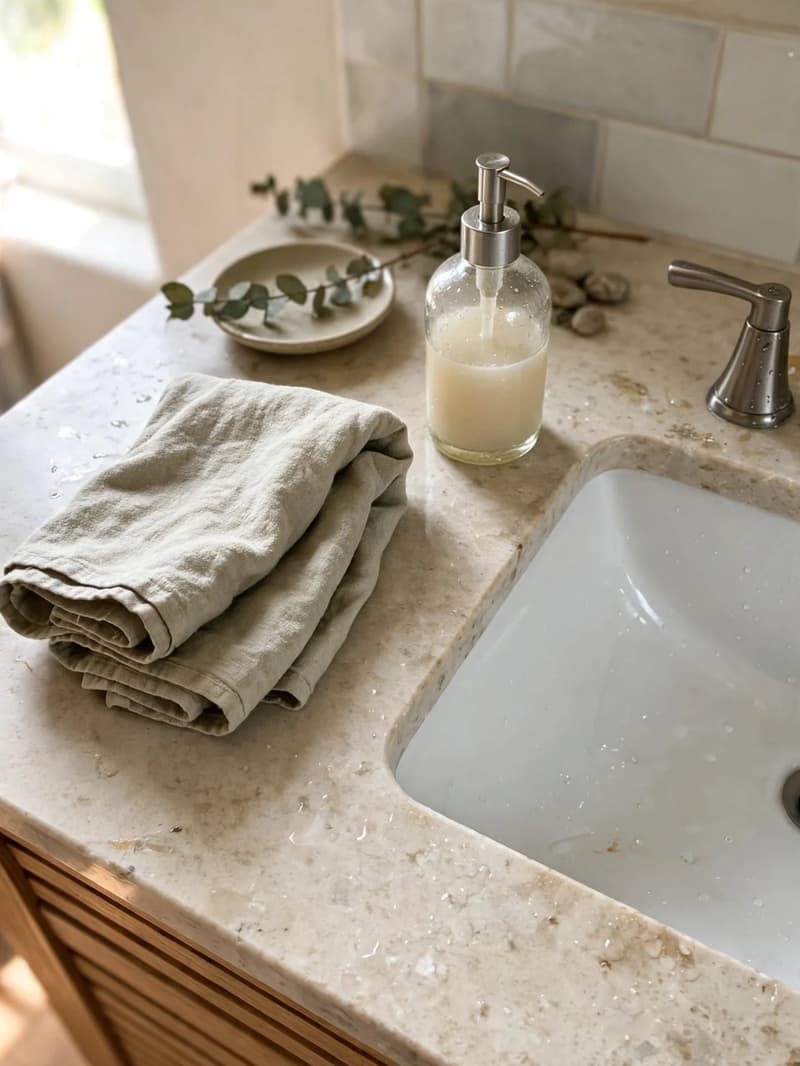 A folded hand towel and a soap pump beside a clean bathroom sink in calm, spa-like light