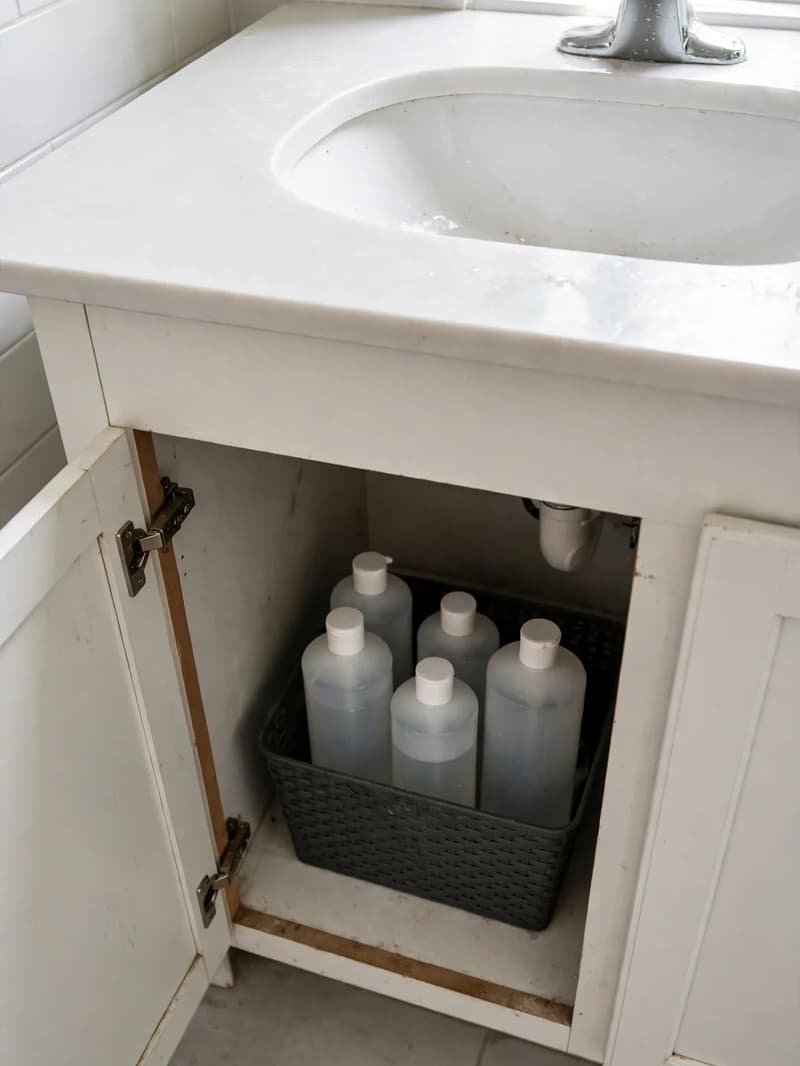 An open under-sink cabinet with refill bottles stored in a bin and a clear counter above