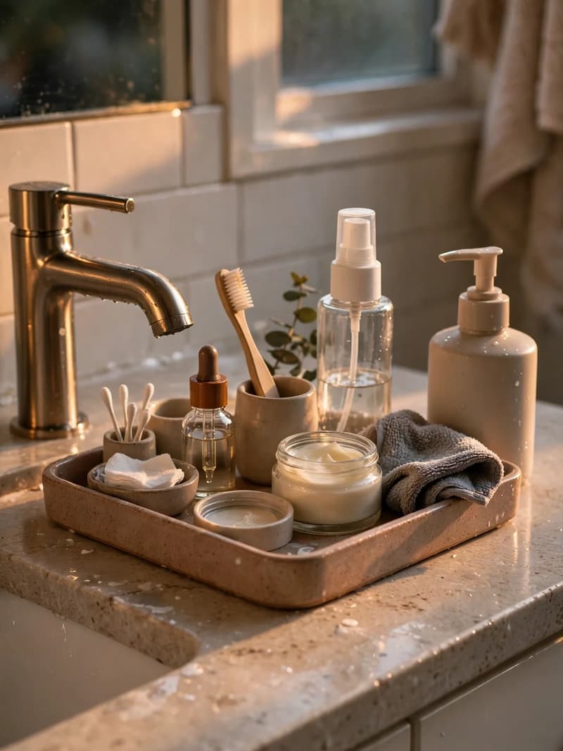 An evening-lit tidy bathroom counter with everything resting in its tray and a gleaming faucet