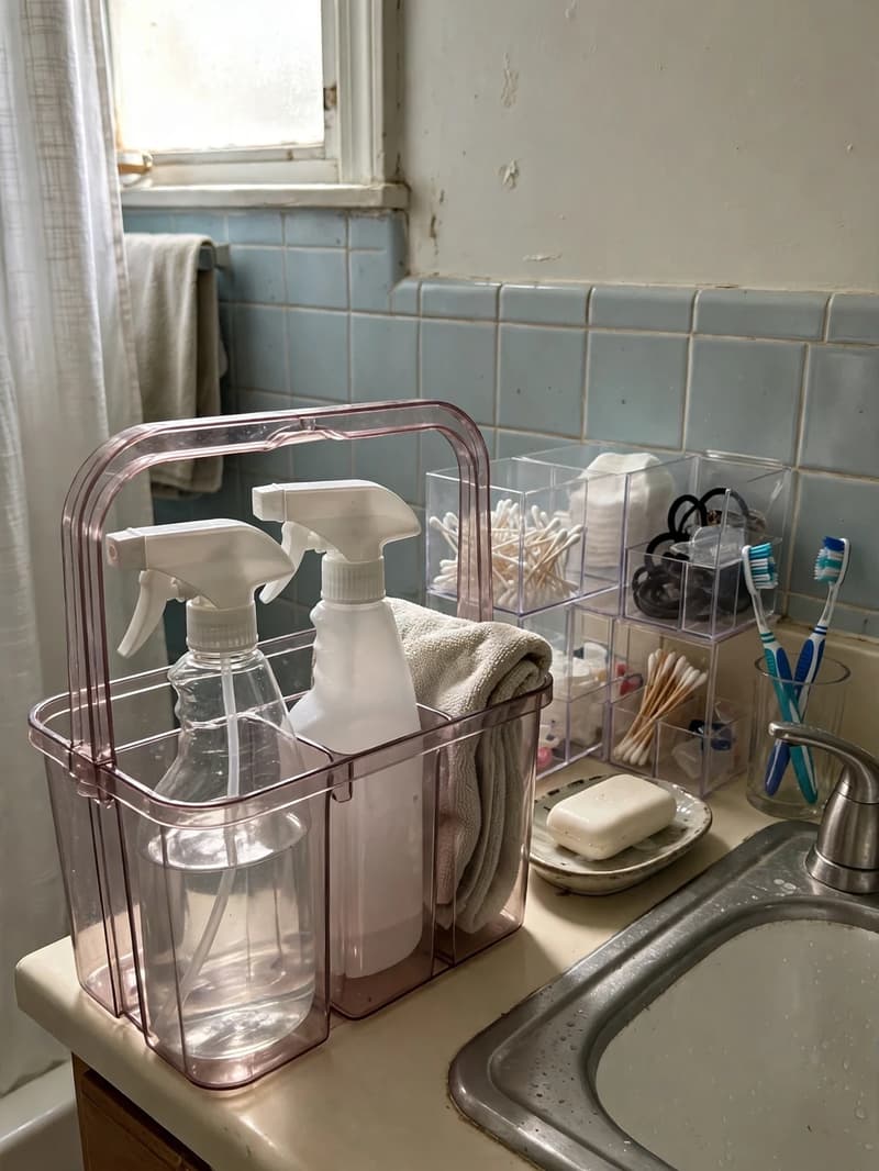 Handled plastic caddy holding plain spray bottles and a folded cloth on a bathroom counter beside the sink