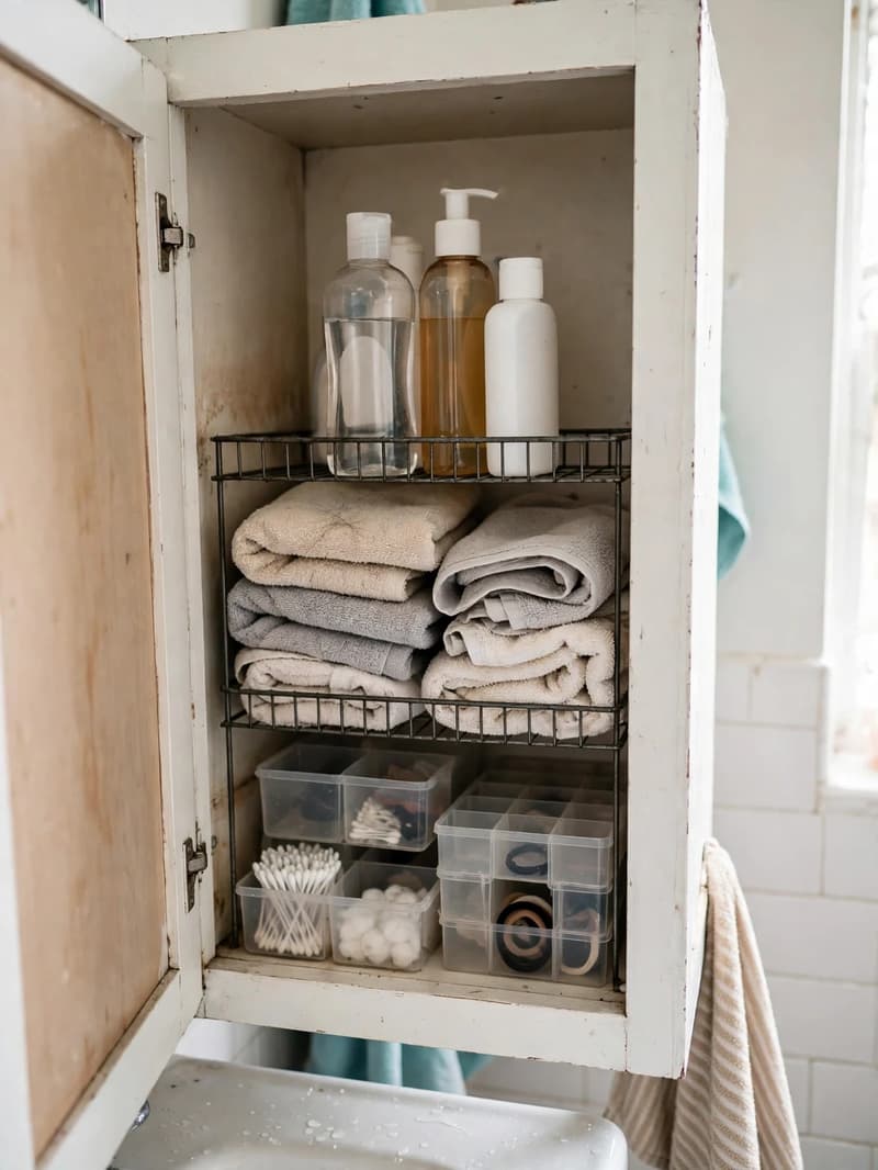Small wire stackable shelf inside a bathroom cabinet with folded towels below and bottles standing on top