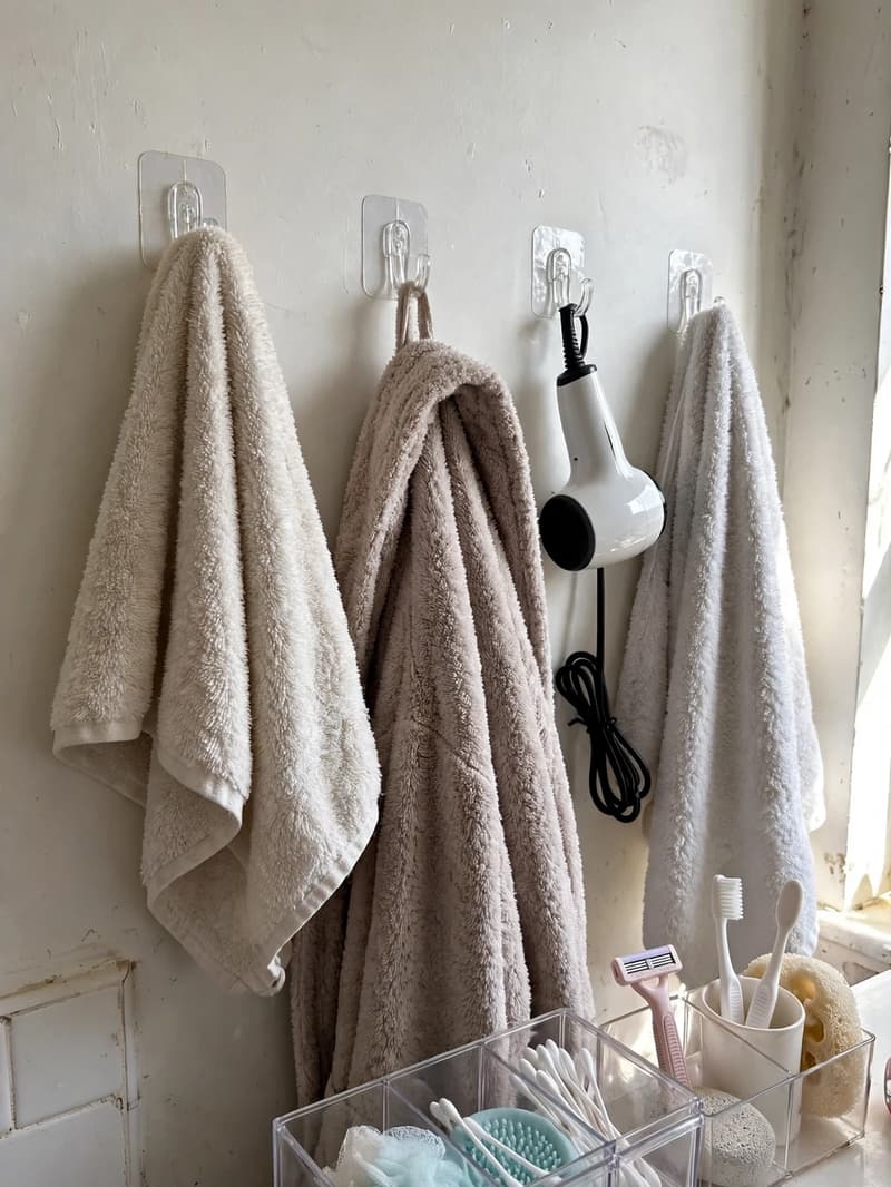 Clear adhesive hooks on a bathroom wall holding towels, a robe and a hair dryer