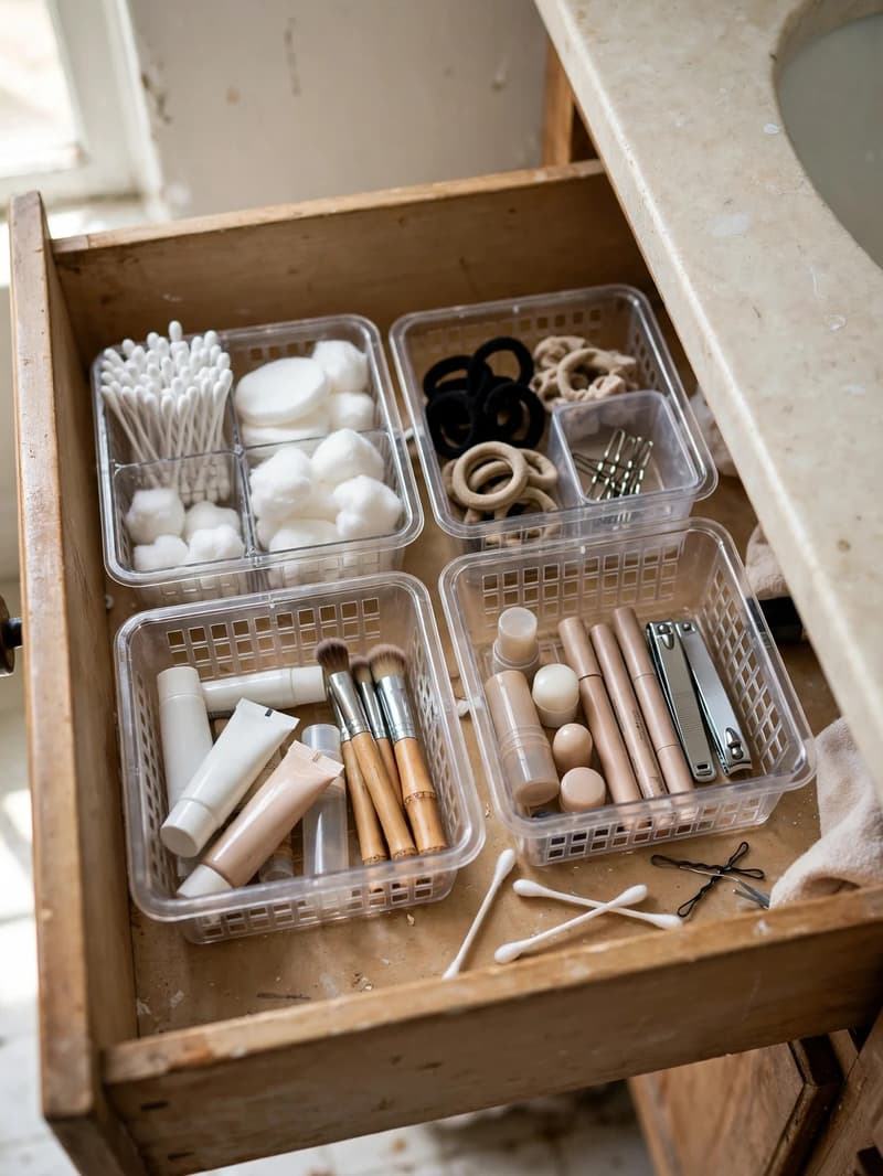 Open vanity drawer with small plastic baskets sorting toiletries, cotton pads and small tubes into neat sections