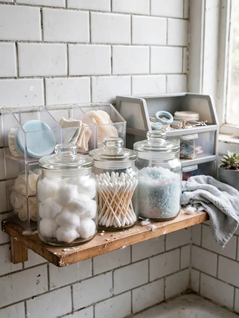 Clear glass-look jars with lids on a bathroom shelf holding cotton balls, cotton swabs and bath salts