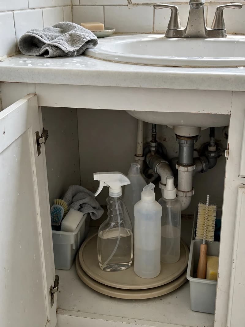 Round turntable under a bathroom sink holding cleaning bottles inside an open cabinet
