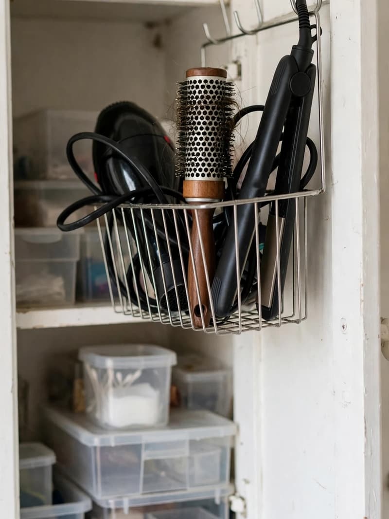 Wire basket hanging inside a bathroom cabinet door holding a hair dryer, round brush and flat iron