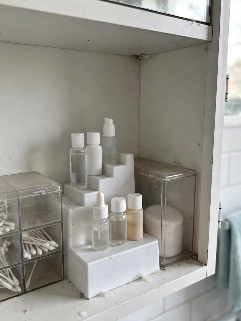 Open medicine cabinet with a small stepped riser shelf holding two levels of small toiletry bottles