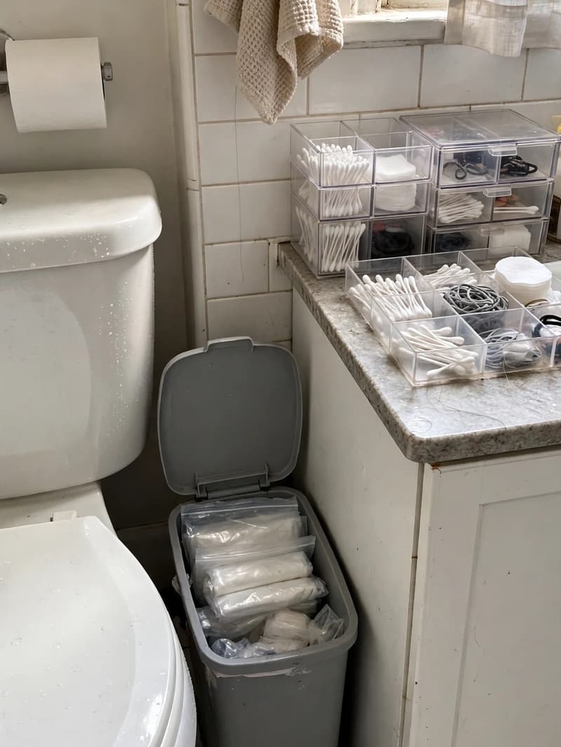 Slim bathroom trash can tucked beside a toilet with spare small bags stored in the bottom