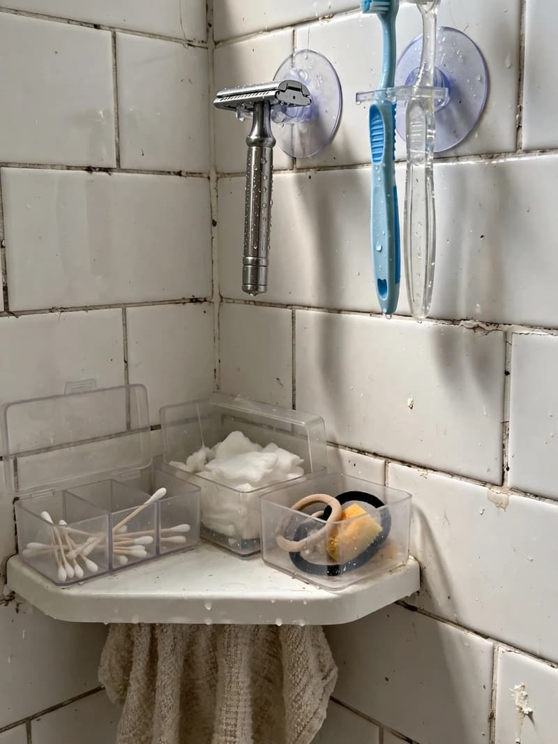 Shower wall with clear suction-cup holders holding a razor and toothbrushes above a small corner shelf