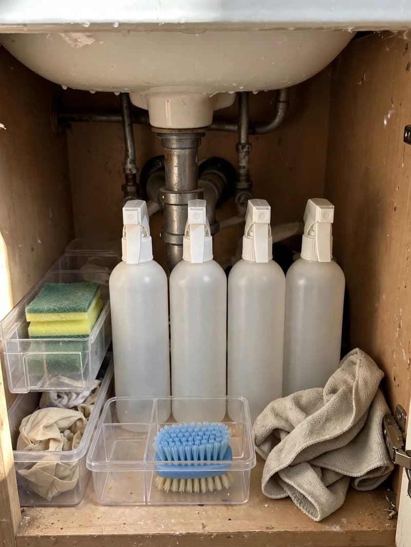 Row of matching plain unlabelled spray bottles lined up neatly under a bathroom sink