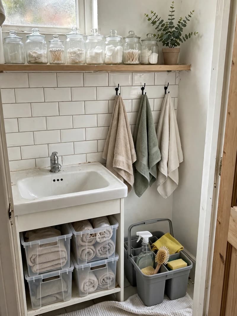 Tidy small bathroom wide shot with clear bins under the sink, jars on a shelf, towels on hooks and a cleaning caddy in place