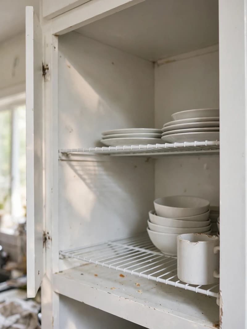 Open white kitchen cabinet with wire shelf risers creating a second level, plates stacked on top and bowls underneath, a chipped mug at the edge