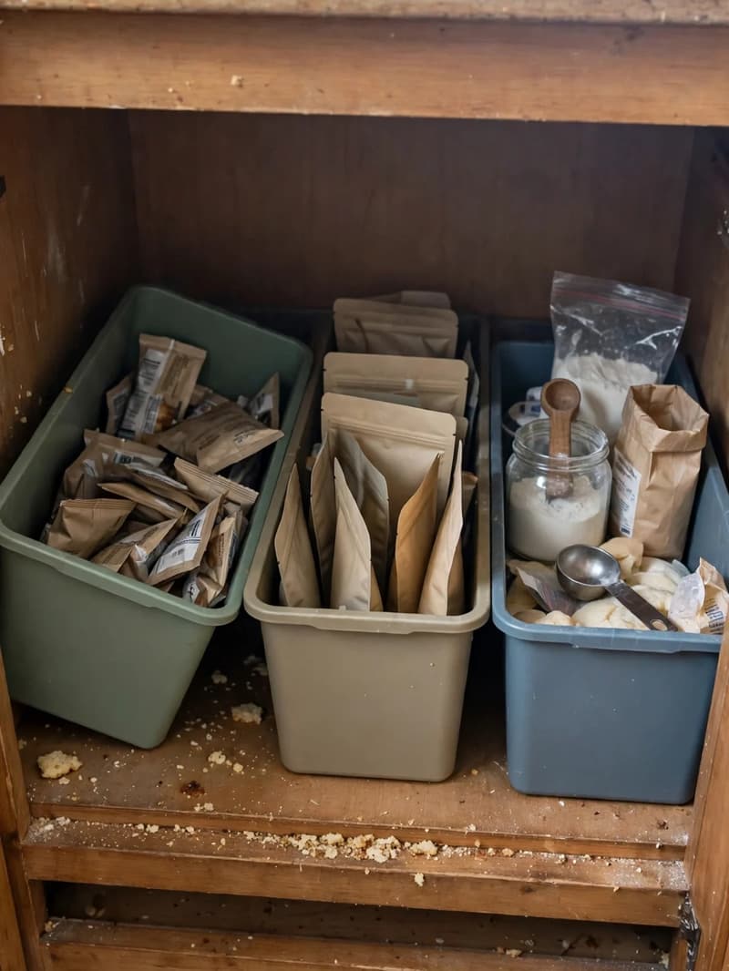 Three small plastic bins inside a wooden kitchen cabinet holding snack packets, baking pouches and dry goods in separate zones