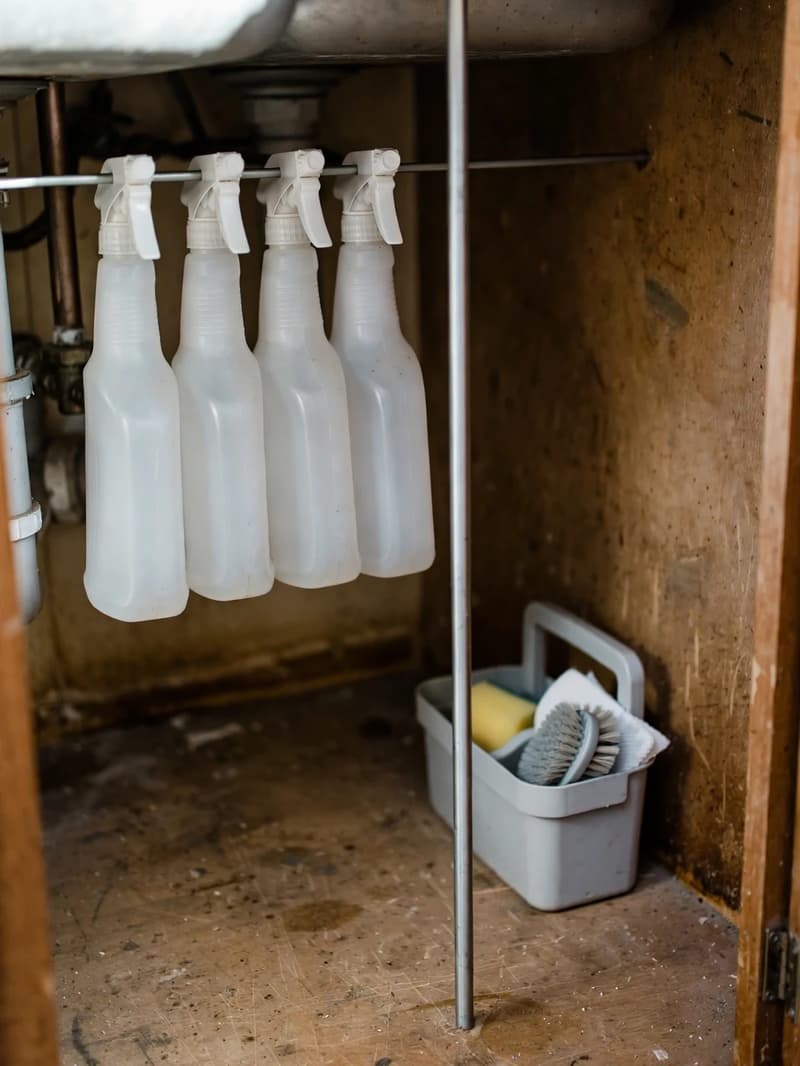 Plain spray bottles hanging by their triggers from a tension rod inside an under-sink cabinet, with a small cleaning caddy below