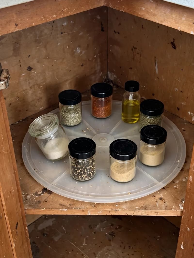 A round plastic turntable inside a corner kitchen cabinet holding small spice jars and bottles in a loose circle