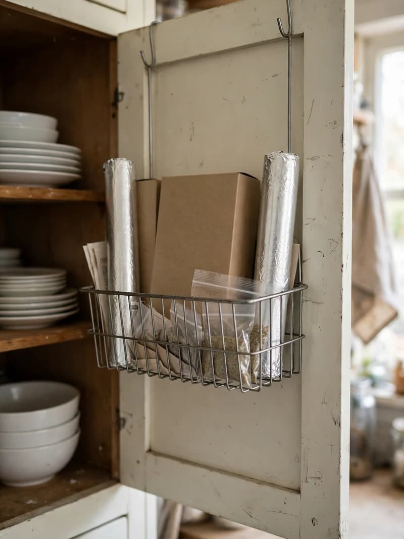 A wire basket hooked over the inside of an open kitchen cabinet door holding foil rolls, wrap boxes and small packets