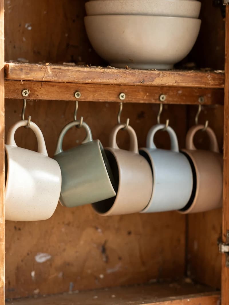 Five mismatched mugs hanging by their handles from small metal cup hooks screwed under a wooden cabinet shelf