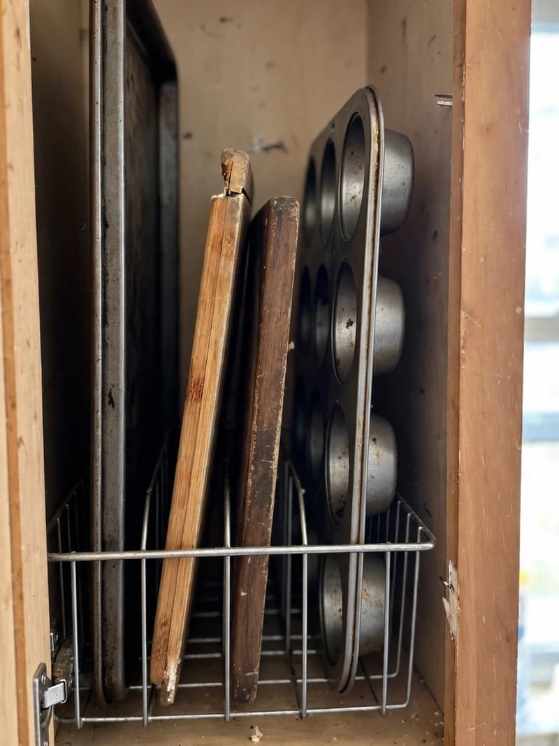 Baking sheets, cutting boards and a muffin tin filed vertically upright in a wire sorter inside a narrow kitchen cabinet