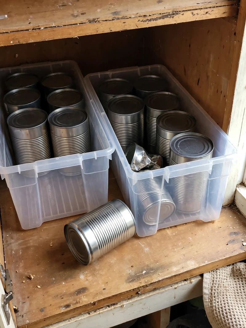 Two clear plastic bins inside a kitchen cabinet holding plain food cans standing upright, one can lying on its side in front