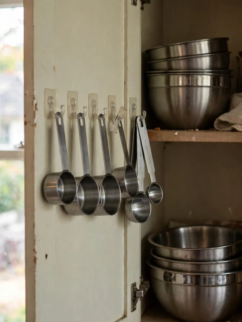 Metal measuring cups and spoons hanging in size order from small adhesive hooks on the inside of a cabinet door