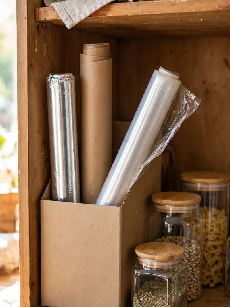 A plain magazine holder inside a kitchen cabinet holding foil, parchment and cling wrap rolls standing upright