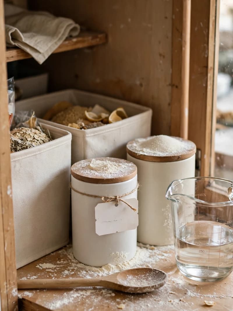 Labeled baking bins and plain canisters on a kitchen cabinet shelf with a wooden spoon, measuring jug and a dusting of flour