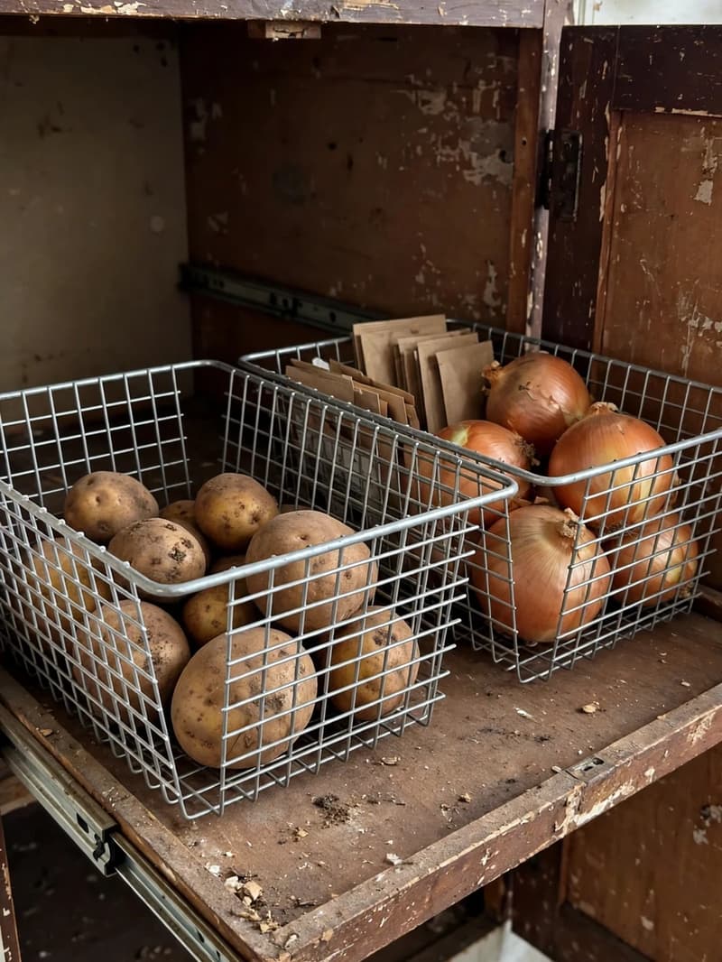 Two open wire baskets inside a deep kitchen cabinet holding potatoes in one and onions in the other