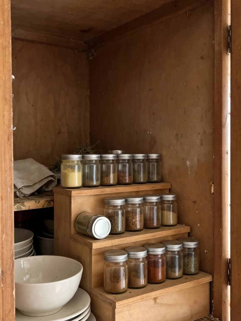 A small three-tier wooden stepped riser inside a kitchen cabinet holding rows of plain spice jars, every jar visible