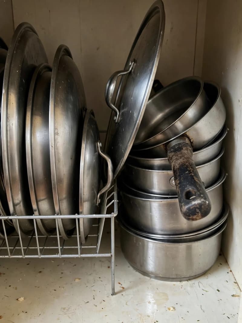Pot lids filed vertically upright in a wire rack beside a stack of plain pots and pans inside a lower kitchen cabinet