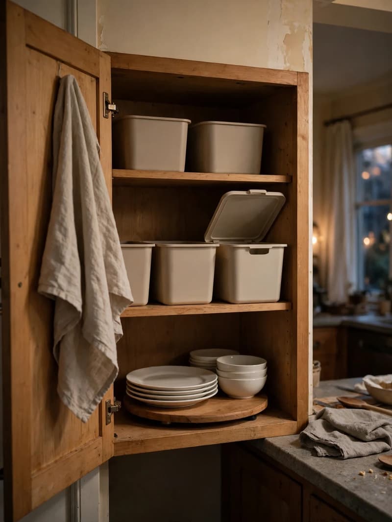 A freshly tidied open kitchen cabinet with plain bins in zones, stacked dishes and a towel over the door edge in warm evening light