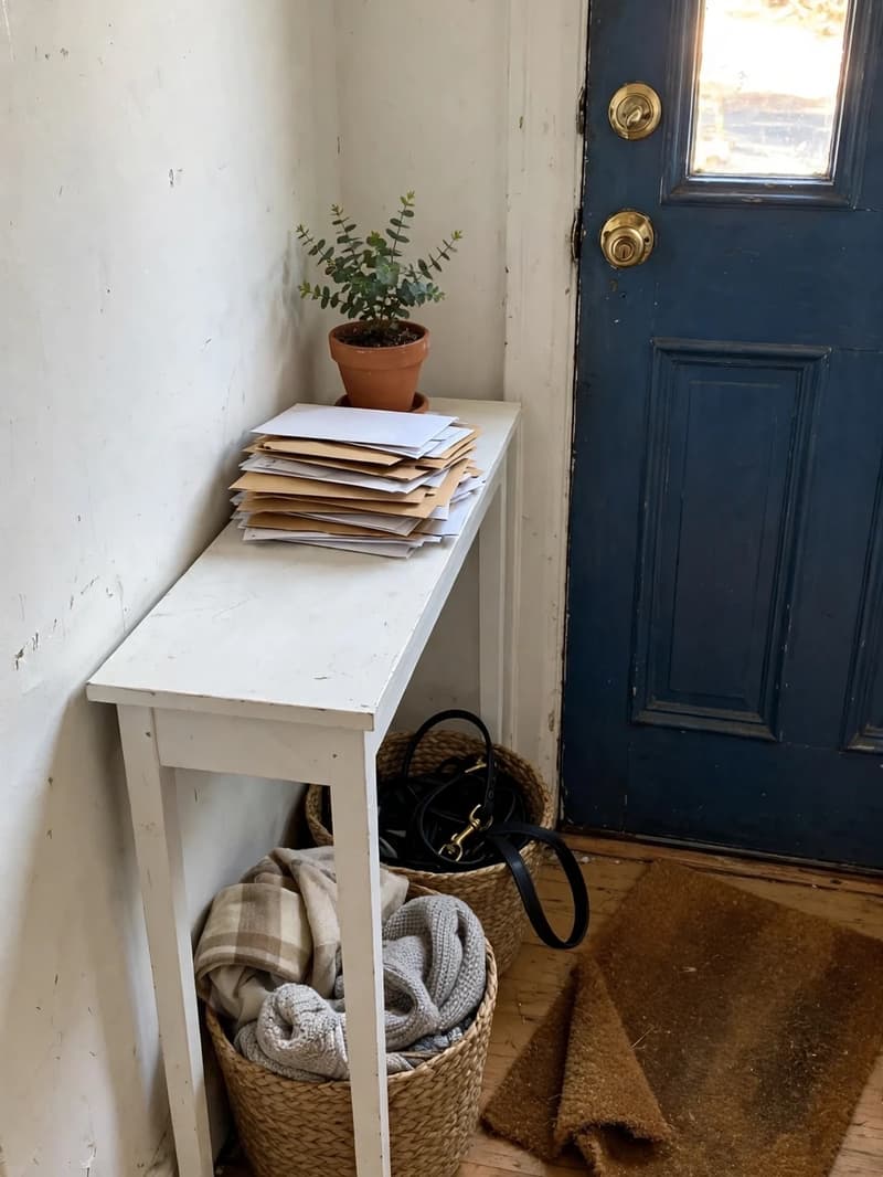 A slim white console table beside a blue front door with woven baskets underneath holding scarves and a leash, and mail stacked on top
