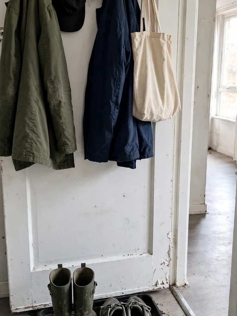 An over-the-door hook rail on a white door holding coats, a cap and a tote bag, with muddy boots and sneakers on a black tray below