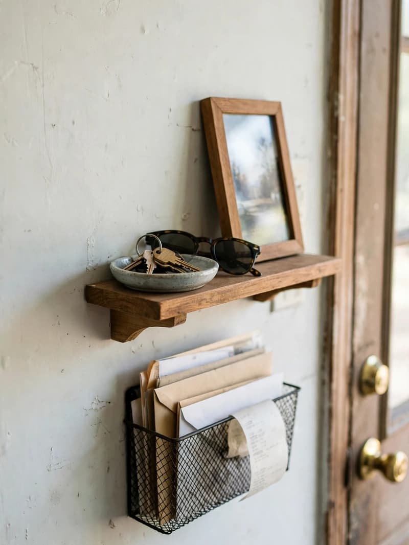 A small floating wooden shelf beside a door with a dish of keys and sunglasses, and a wire mail holder below filled with envelopes