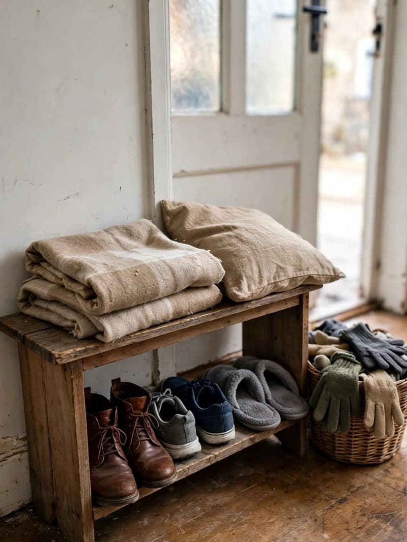 A low wooden entryway bench with shoes and slippers on the shelf underneath, a folded throw on top, and a basket of gloves beside it
