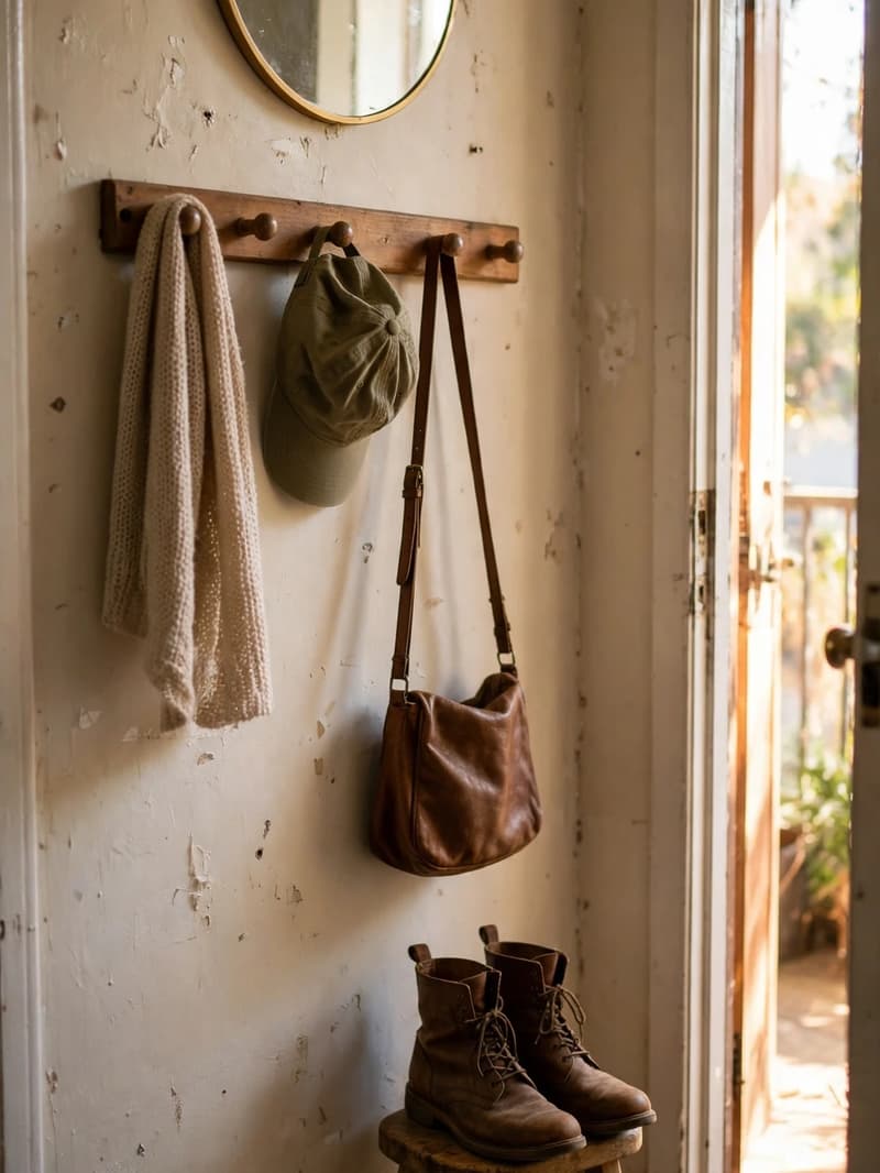 A round mirror above a wooden peg rail in a hallway corner, holding a scarf, a cap and a leather bag, with boots on a stool below