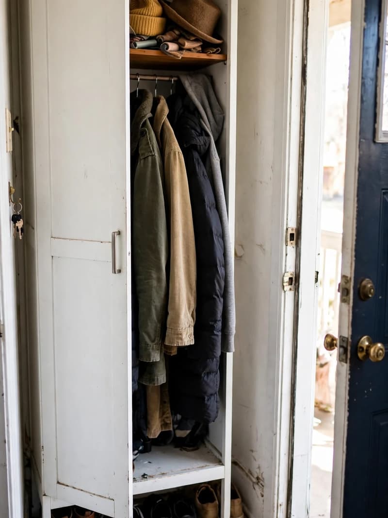 A tall narrow white cabinet beside a front door with one door open, showing hanging coats, hats on a shelf, and shoes at the base