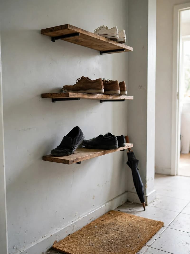 Three floating wooden shelves low on a hallway wall holding pairs of shoes, with a doormat and an umbrella below