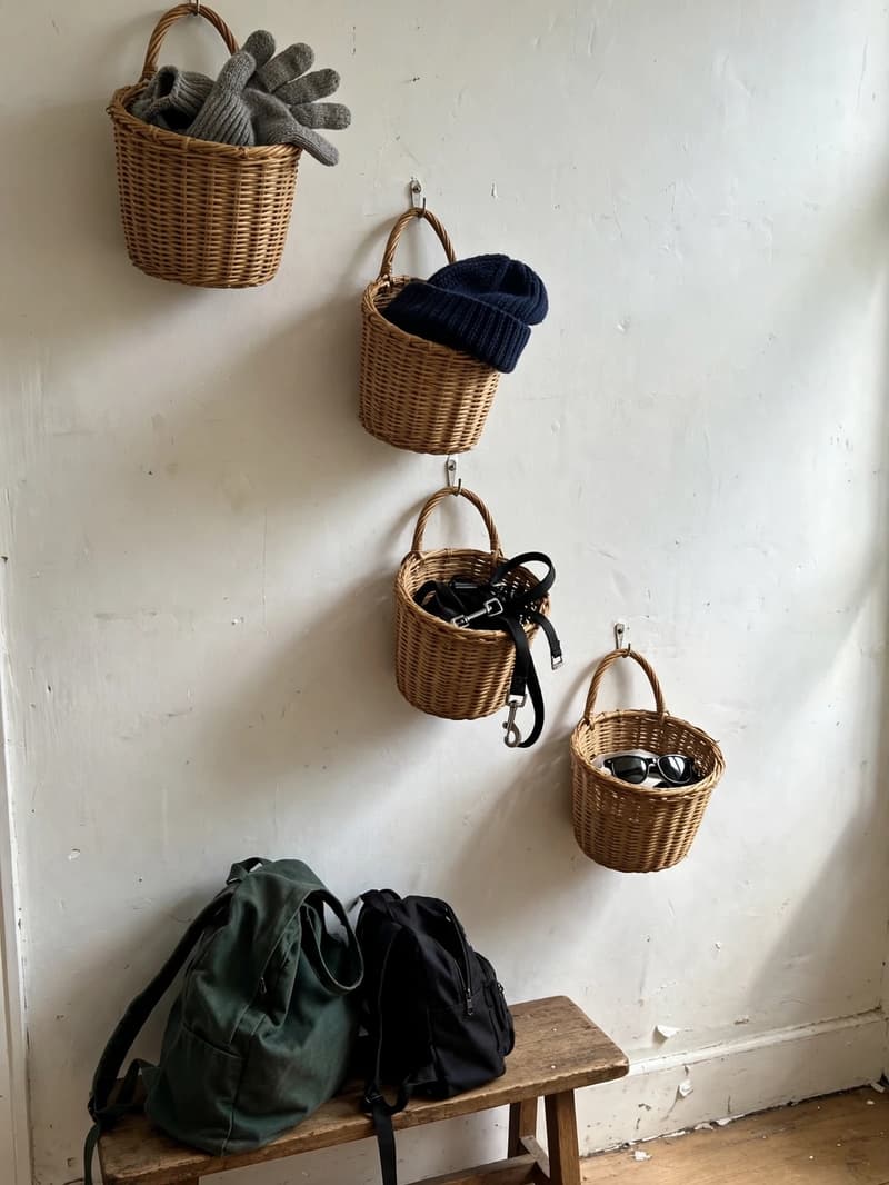 Four woven baskets hanging at different heights on a hallway wall, holding gloves, a beanie, a dog leash and sunglasses, with bags on a bench below