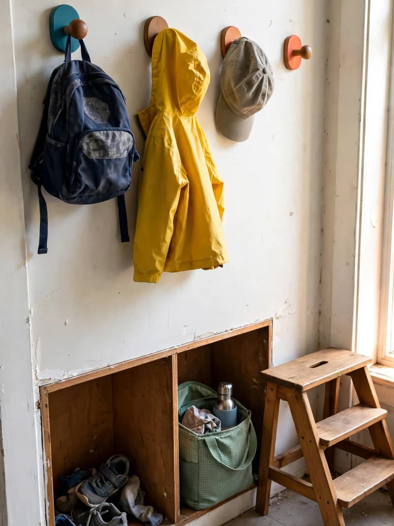 Low colourful wall hooks holding a child's backpack, rain jacket and cap, with open cubbies below holding shoes and a lunch bag