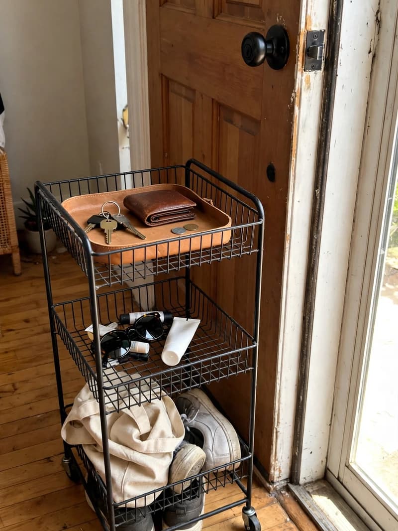 A small three-tier rolling cart beside a wooden front door, with keys and a wallet on top, sunglasses in the middle, and a bag and shoes below