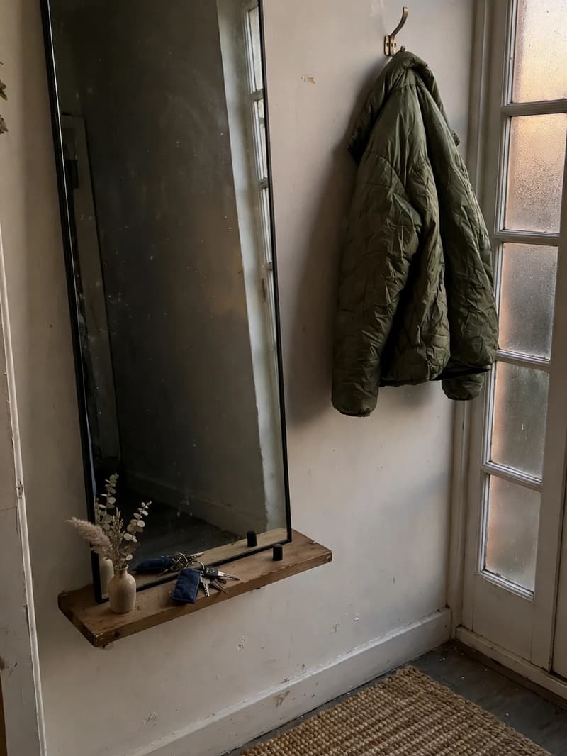 A tall leaning mirror above a slim wooden ledge in a narrow entryway, holding a small vase and keys, with a coat on a wall hook beside it