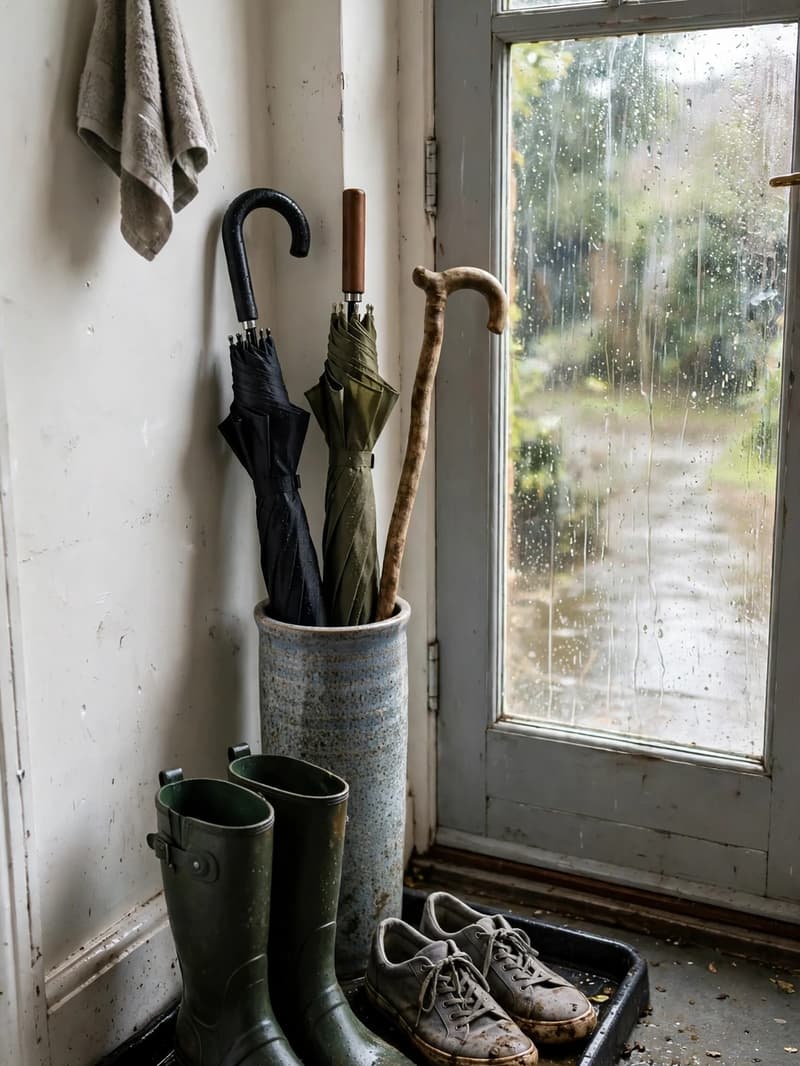 A rainy-day entryway corner with umbrellas in a ceramic stand, green wellington boots and muddy sneakers on a boot tray, and a towel on a hook