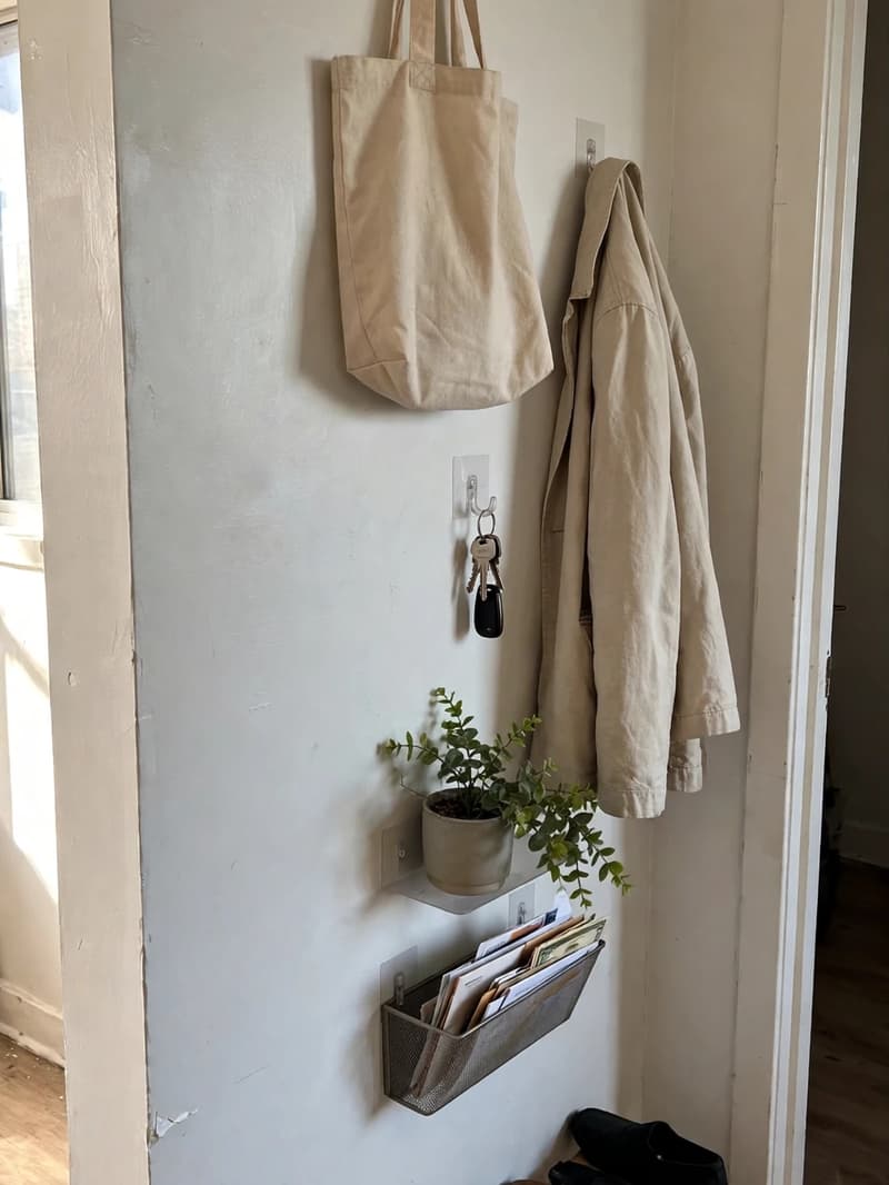 A rental entryway wall with adhesive hooks holding a tote bag, a jacket and keys, a stick-on shelf with a plant, and a mail holder below