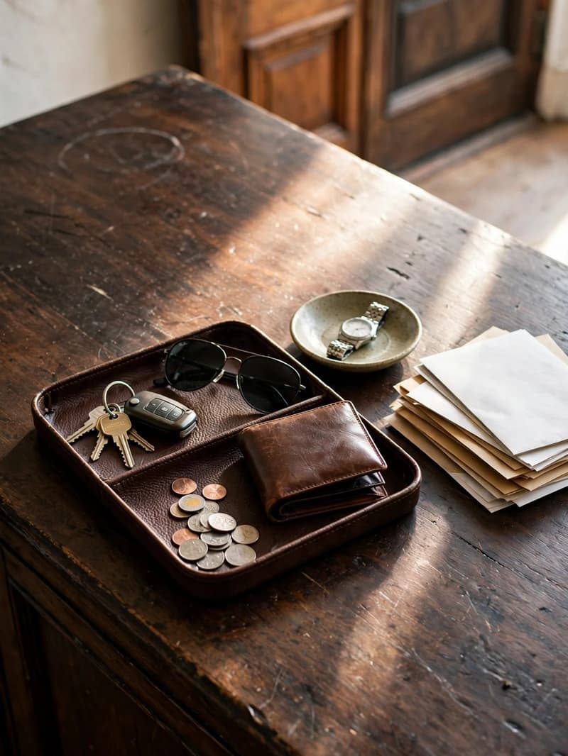 A leather valet tray on a dark wood console holding keys, a wallet, coins and sunglasses, with a watch dish and letters beside it
